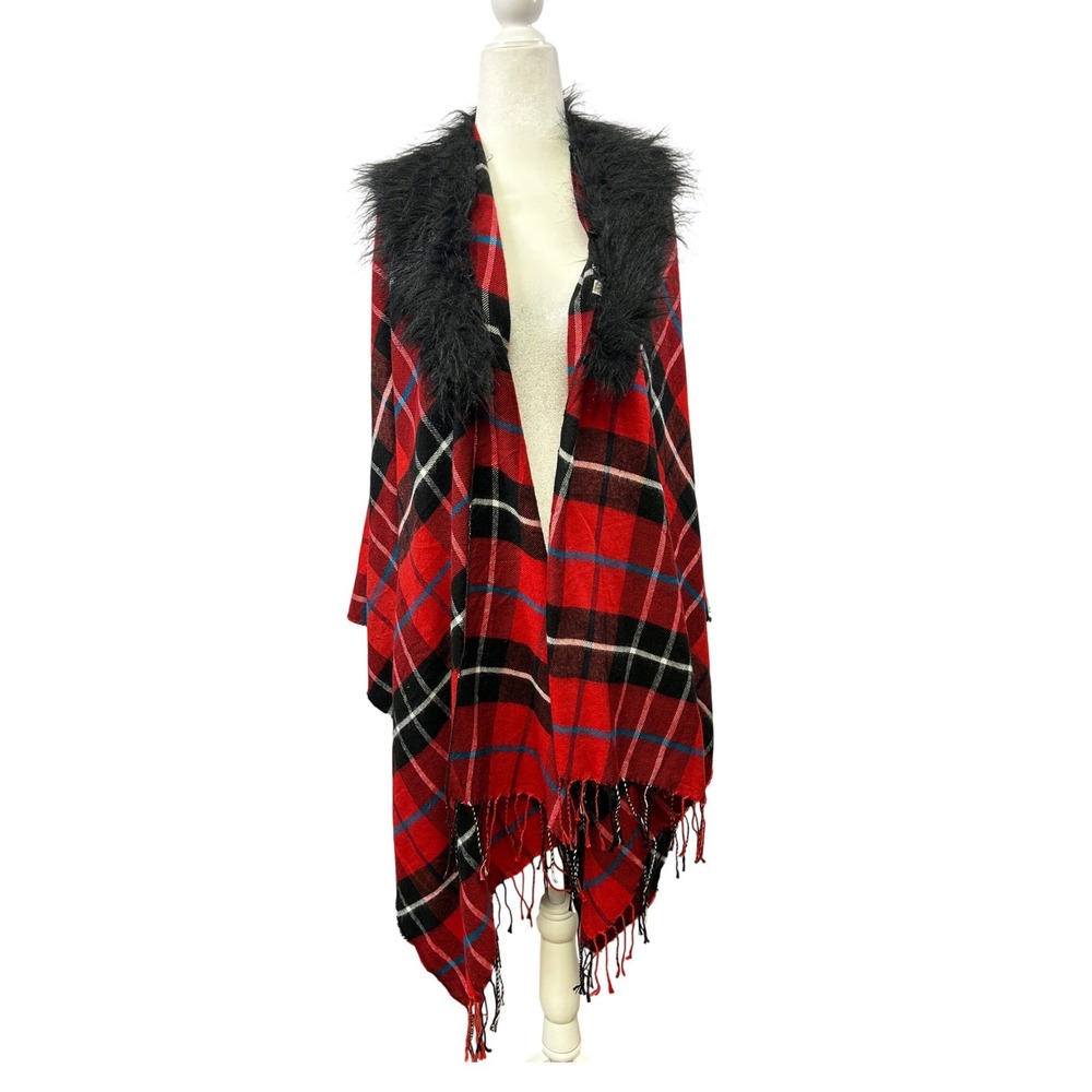 Tartan Plaid Poncho Women OS Red Black Faux Fur Removable Collar Fringe Wrap